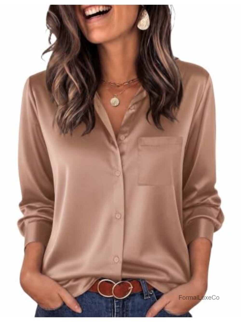 Satin Button-Down Blouse Long Sleeve V-Neck Dressy Casual Work Top